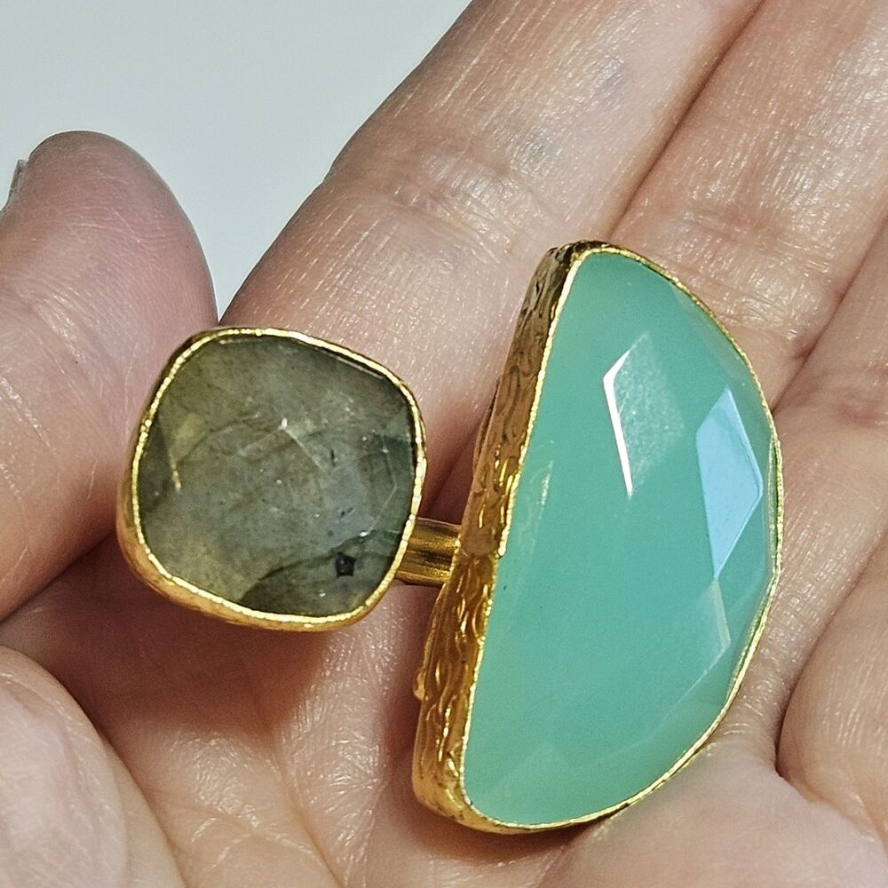 Ottoman Hands 21ct Gold Plated Aqua Chacedony And Labradorite Half Moon Ring